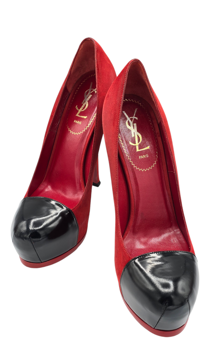 Yves Saint Laurent Red Suede Platform Tribtoo Pumps