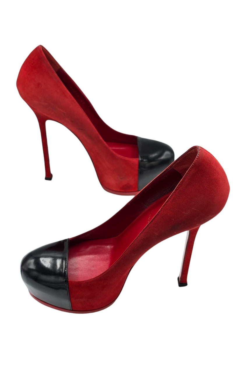 Yves Saint Laurent Red Suede Platform Tribtoo Pumps